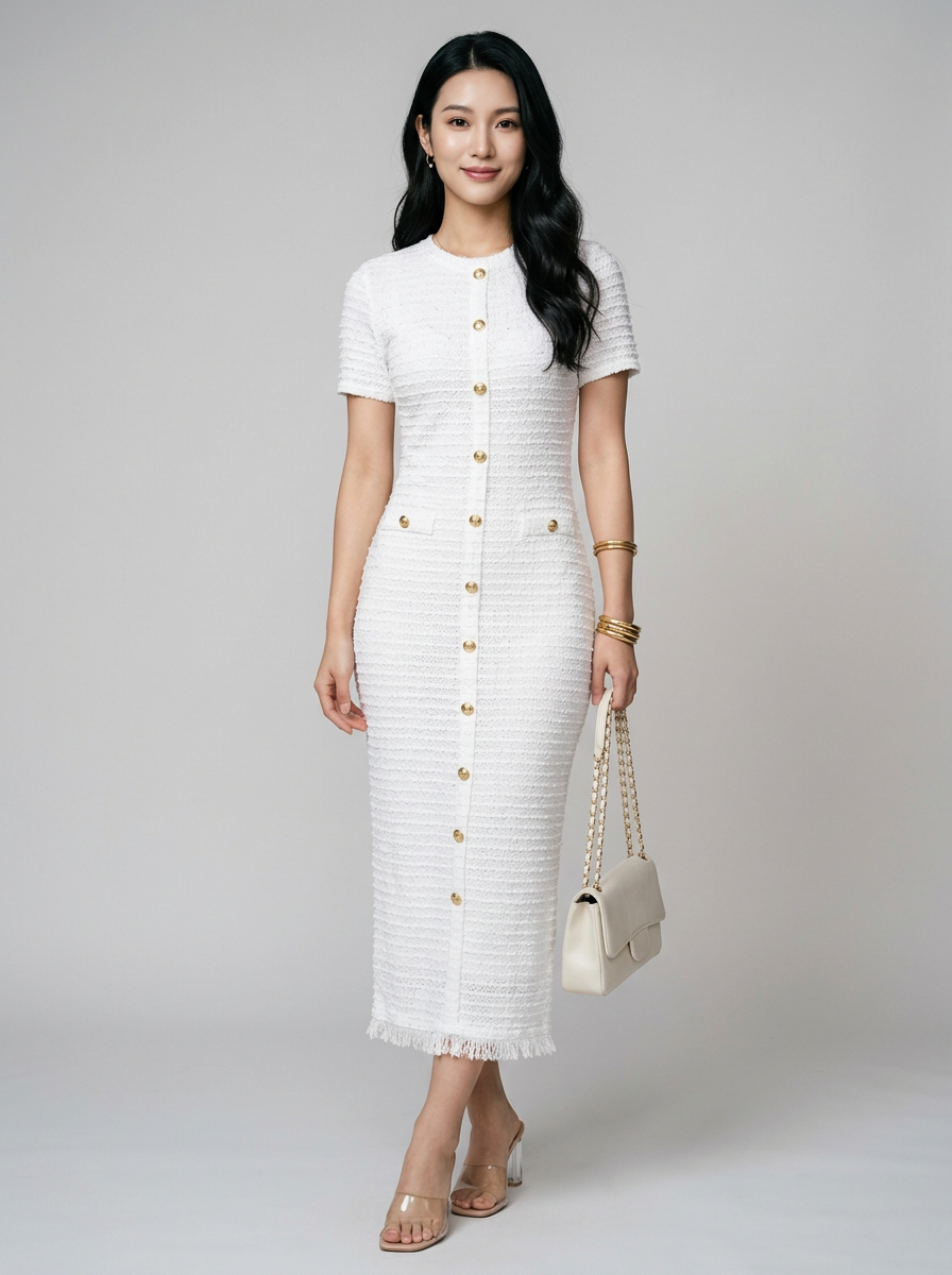 ALYA crew neck midi dress in white