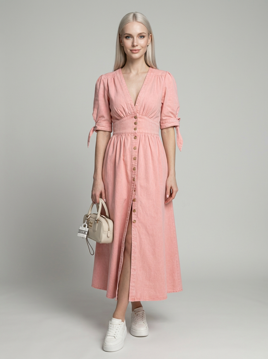 MELY V-neck denim dress in pink