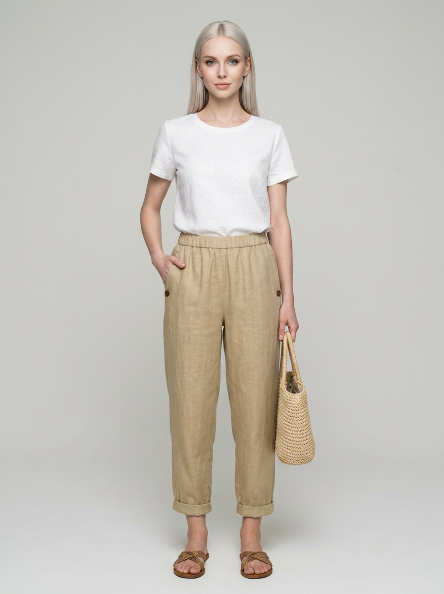Beige ROMINA linen-cotton trousers