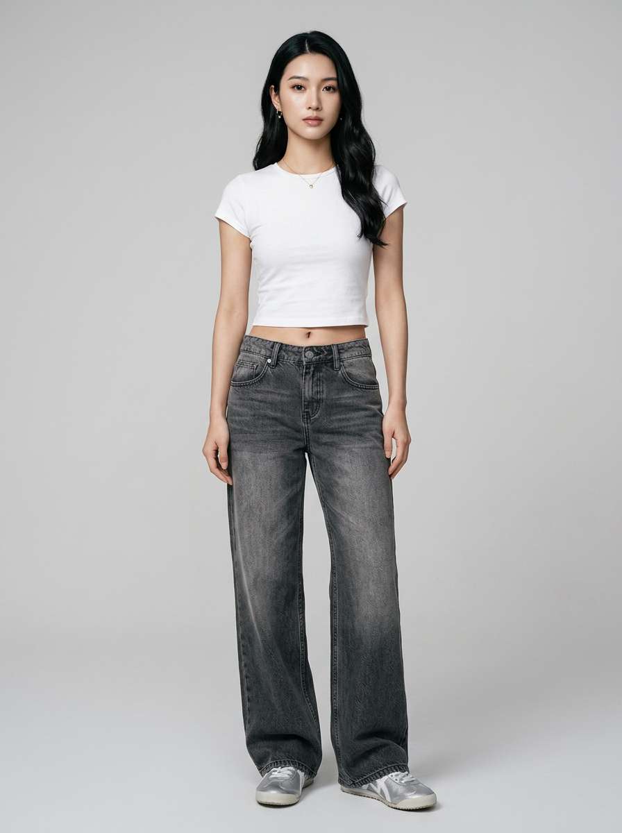 SYLVAINE Vintage Casual Baggy Jeans in Washed Gray