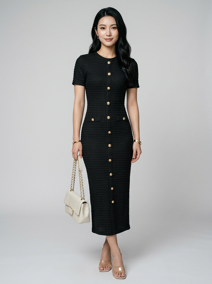 ALYA crew neck midi dress in black