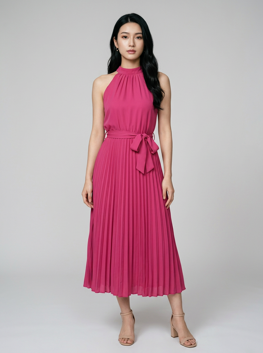 CELINE pleated midi dress in rose red
