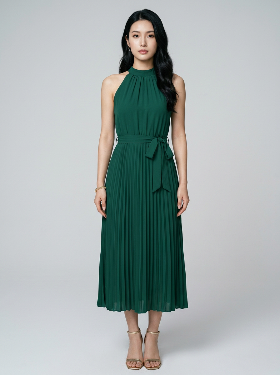 CELINE pleated midi dress in green