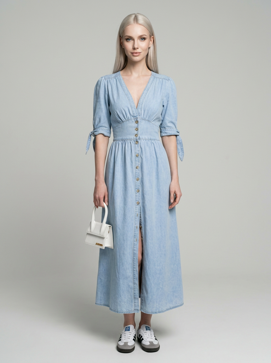 MELY V-neck denim dress in denim blue