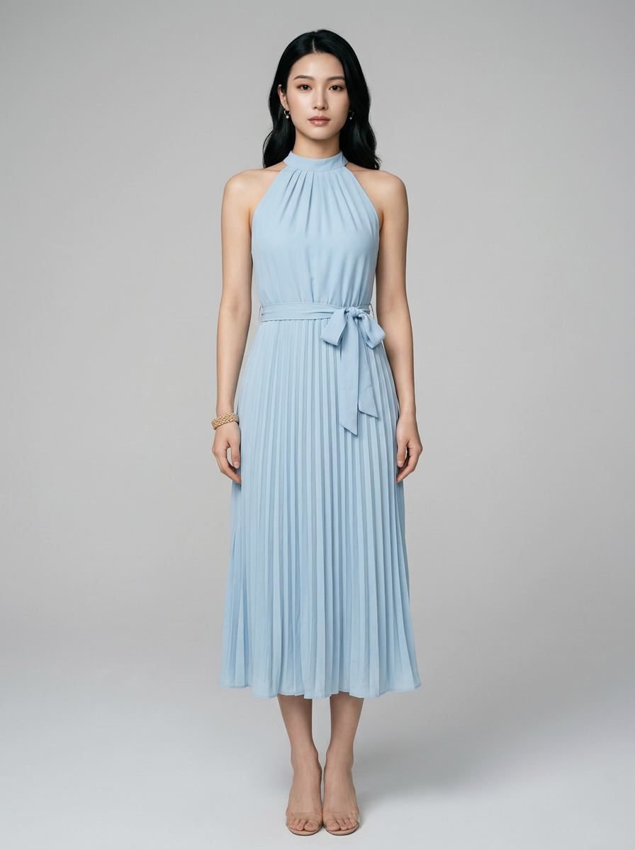 CELINE pleated midi dress in light blue