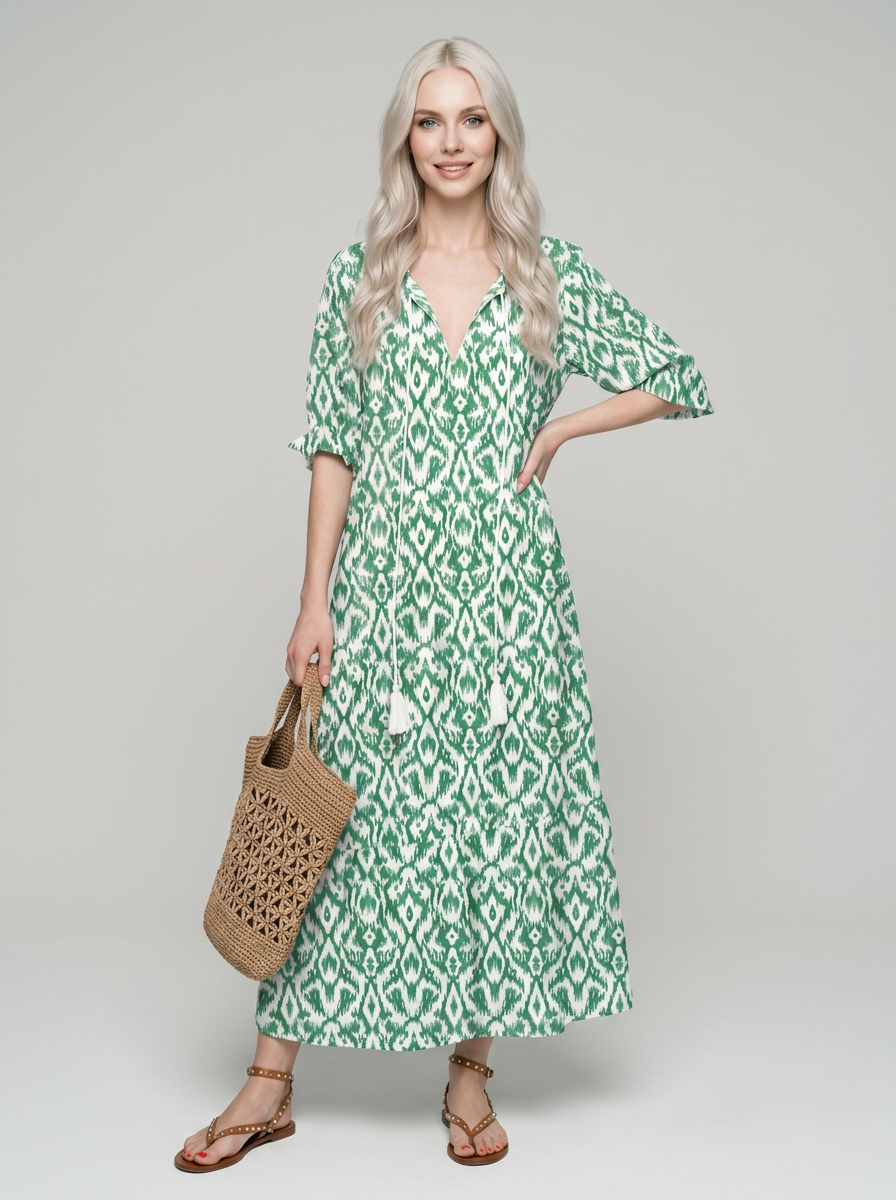 SUZY vintage-print summer dress in green
