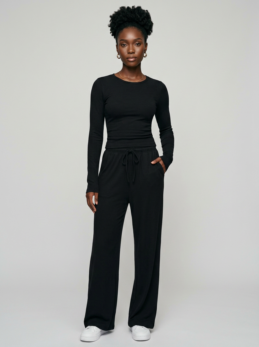 CASIDY long sleeve top and wide leg pants set in black