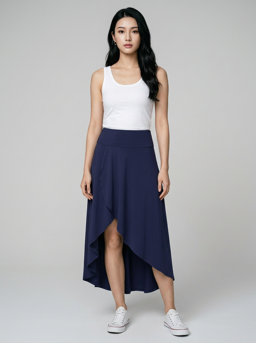 AMELIE - Elegant Asymmetric Midi Skirt in Black Diamond Blue
