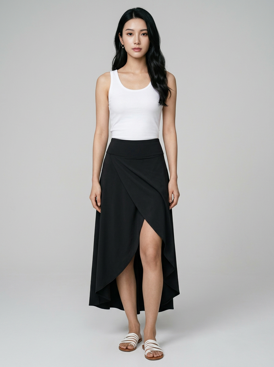 AMELIE - Elegant Asymmetric Midi Skirt in Black