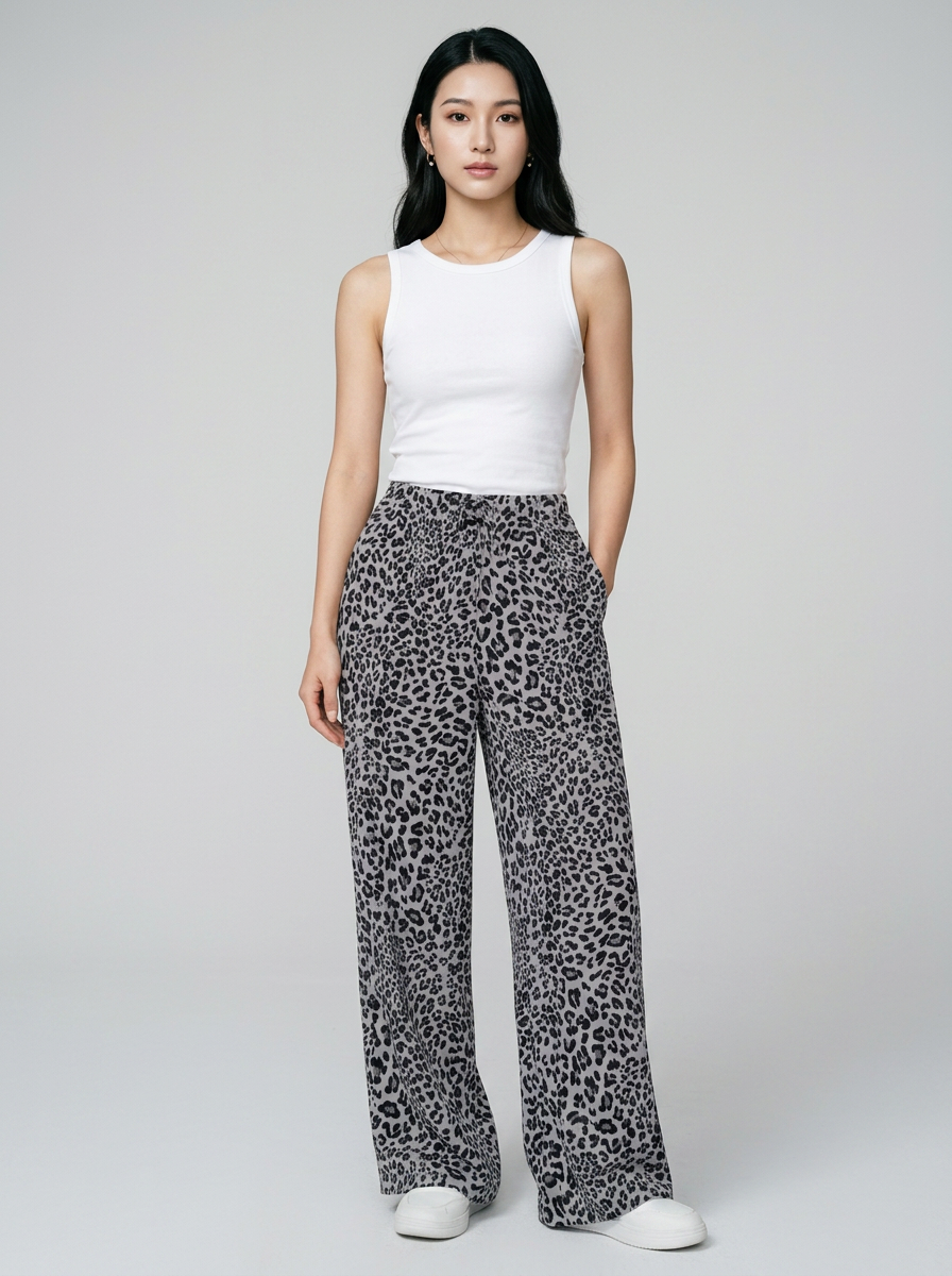 Gray SYALA vintage leopard tie-front wide-leg pants
