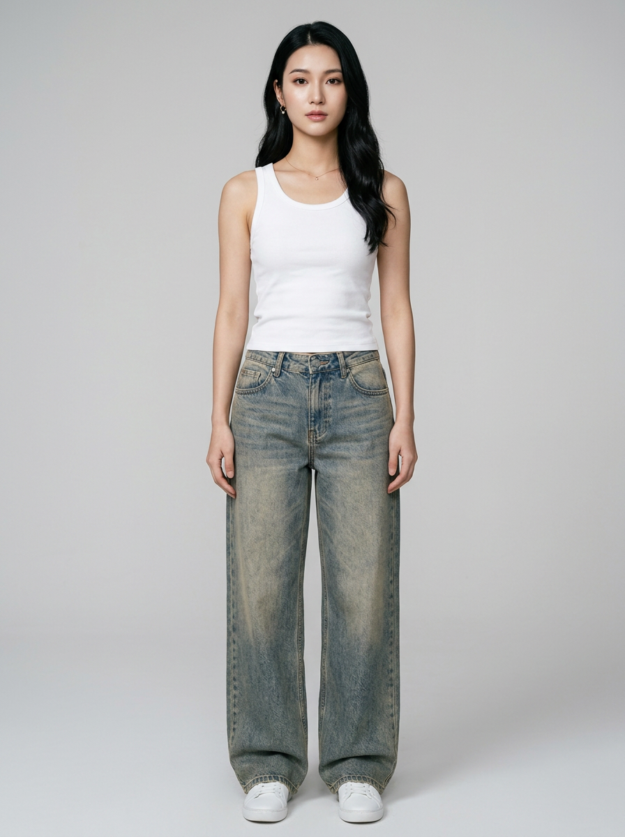 SYLVAINE Vintage Casual Baggy Jeans in Washed Blue
