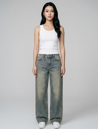 SYLVAINE Vintage Casual Baggy Jeans in Sand Wash Blue