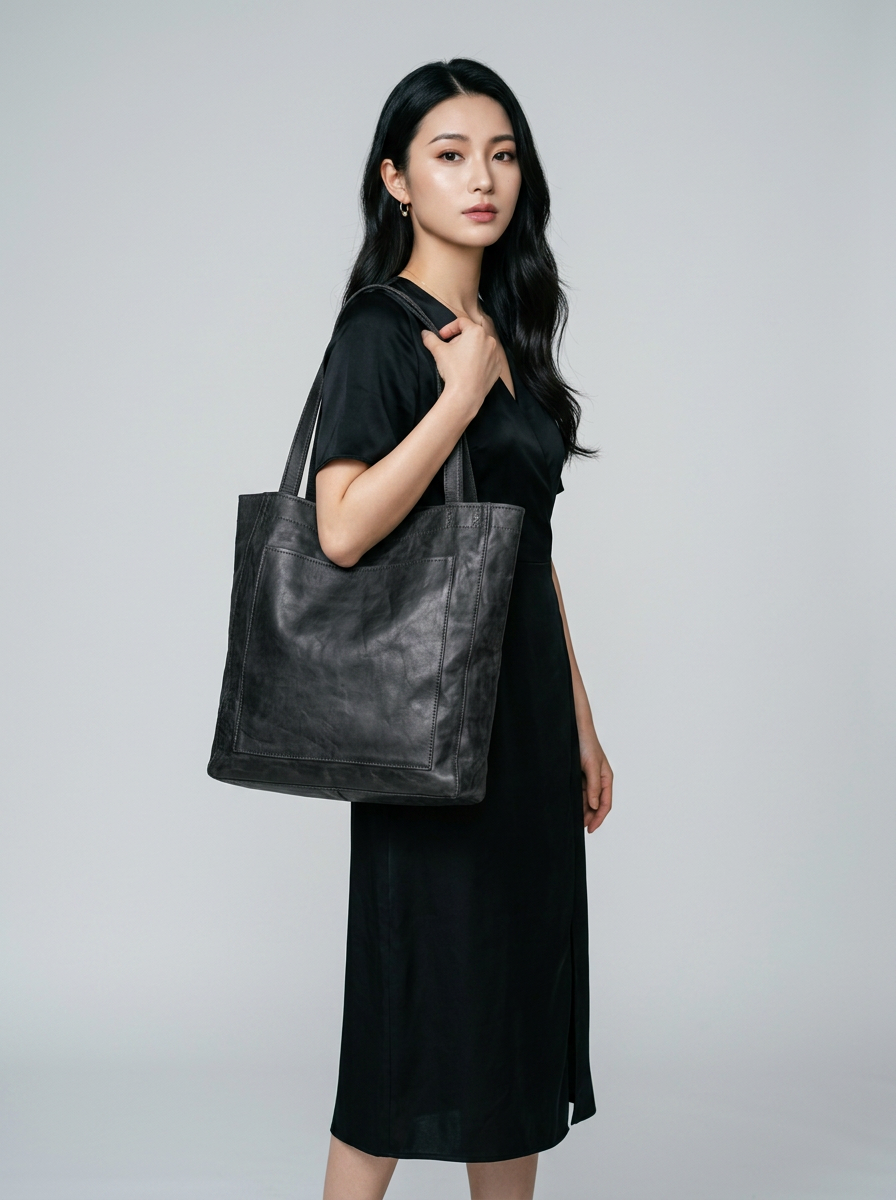 PAMELA | Classic Leather Tote - Black - with model