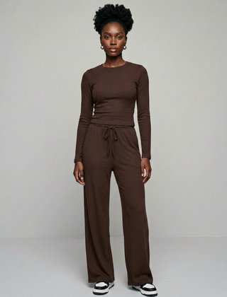 CASIDY long sleeve top and wide leg pants set in brown