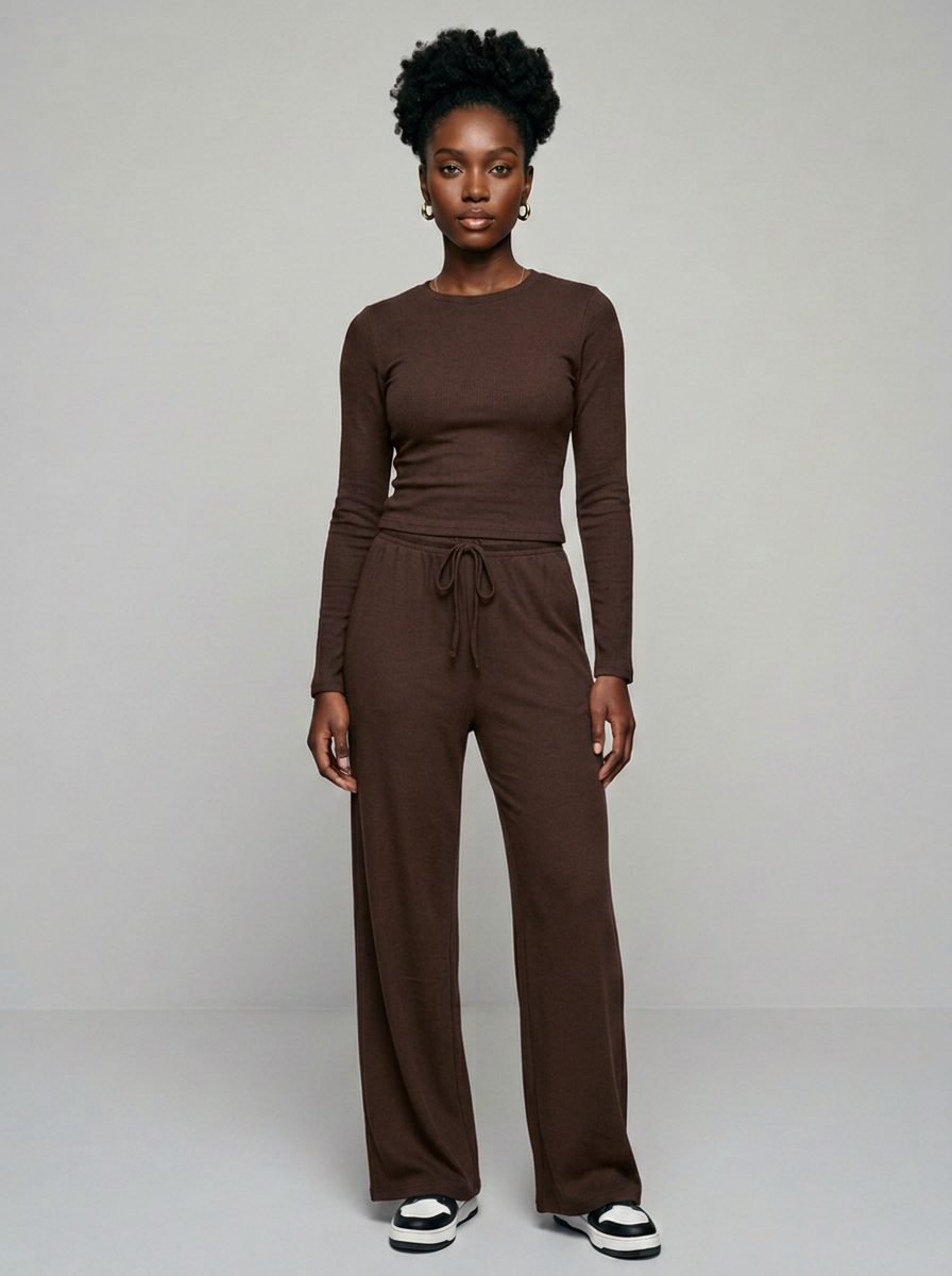 CASIDY long sleeve top and wide leg pants set in brown