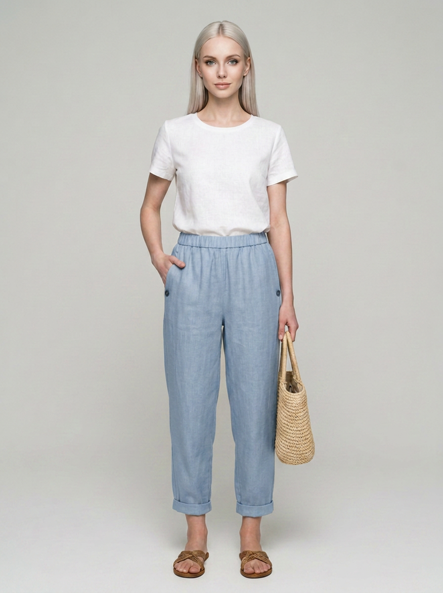 Light Blue ROMINA linen-cotton trousers