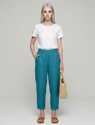 Turquoise ROMINA linen-cotton trousers