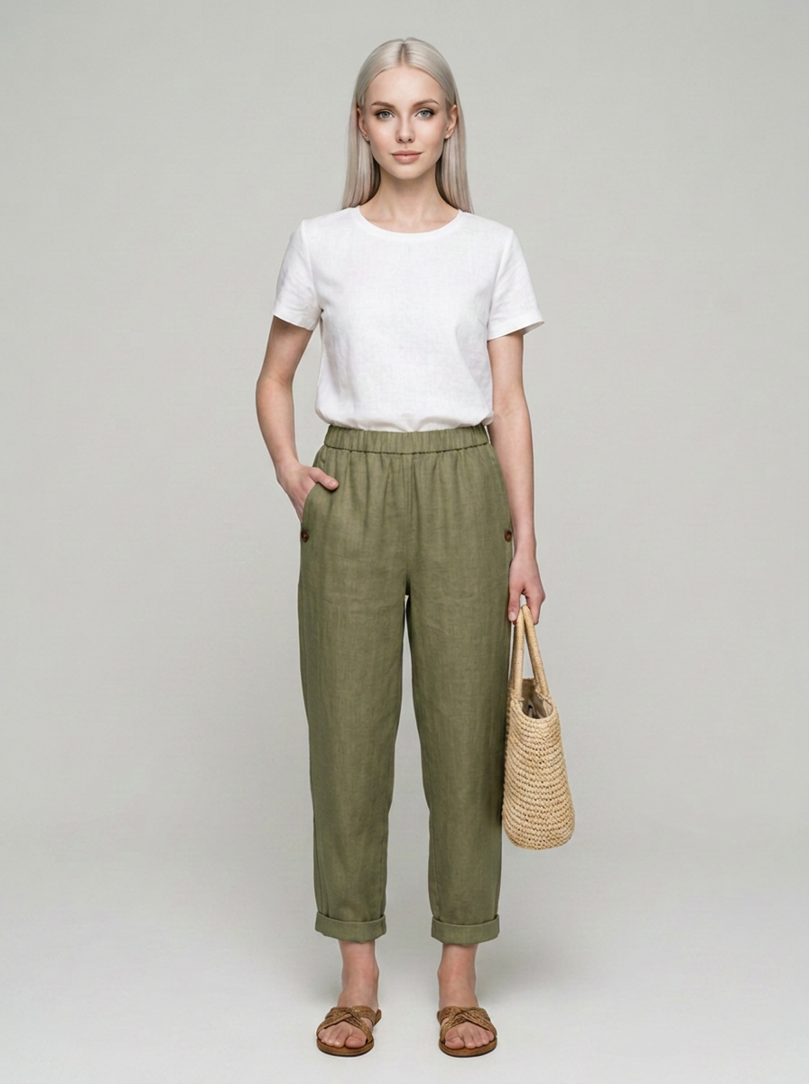 Olive Green ROMINA linen-cotton trousers