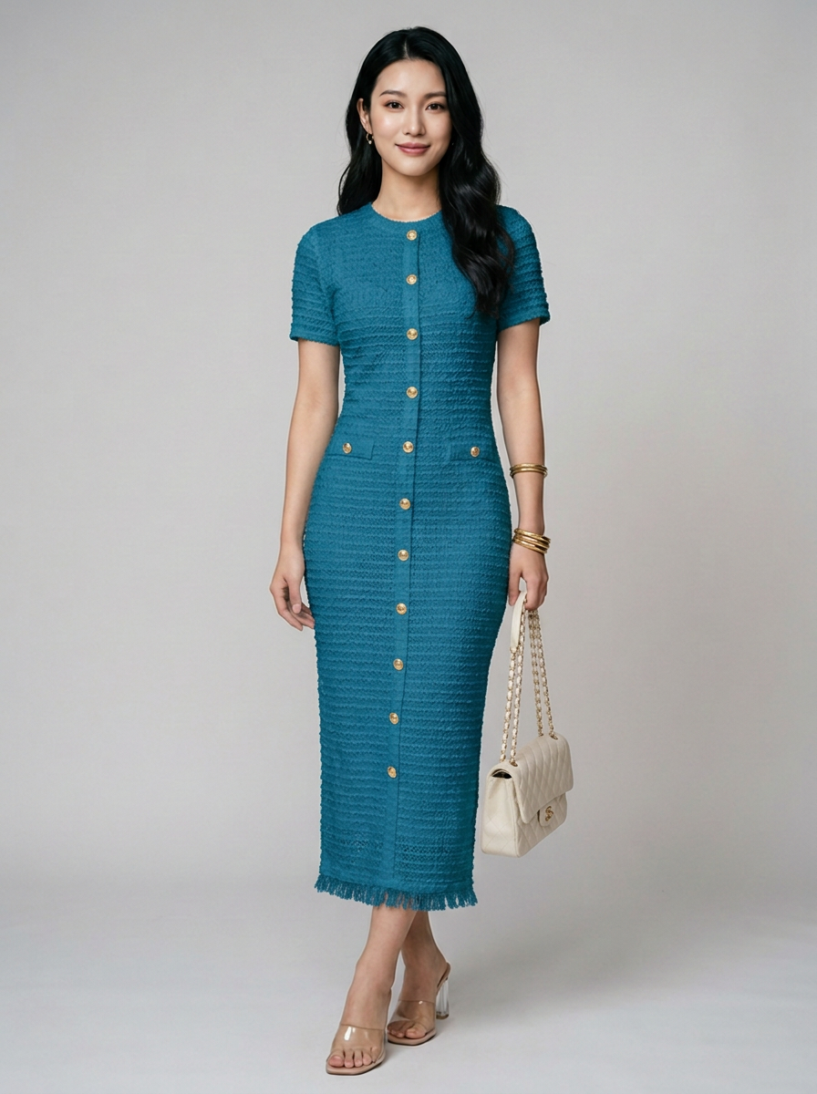 ALYA crew neck midi dress in teal blue