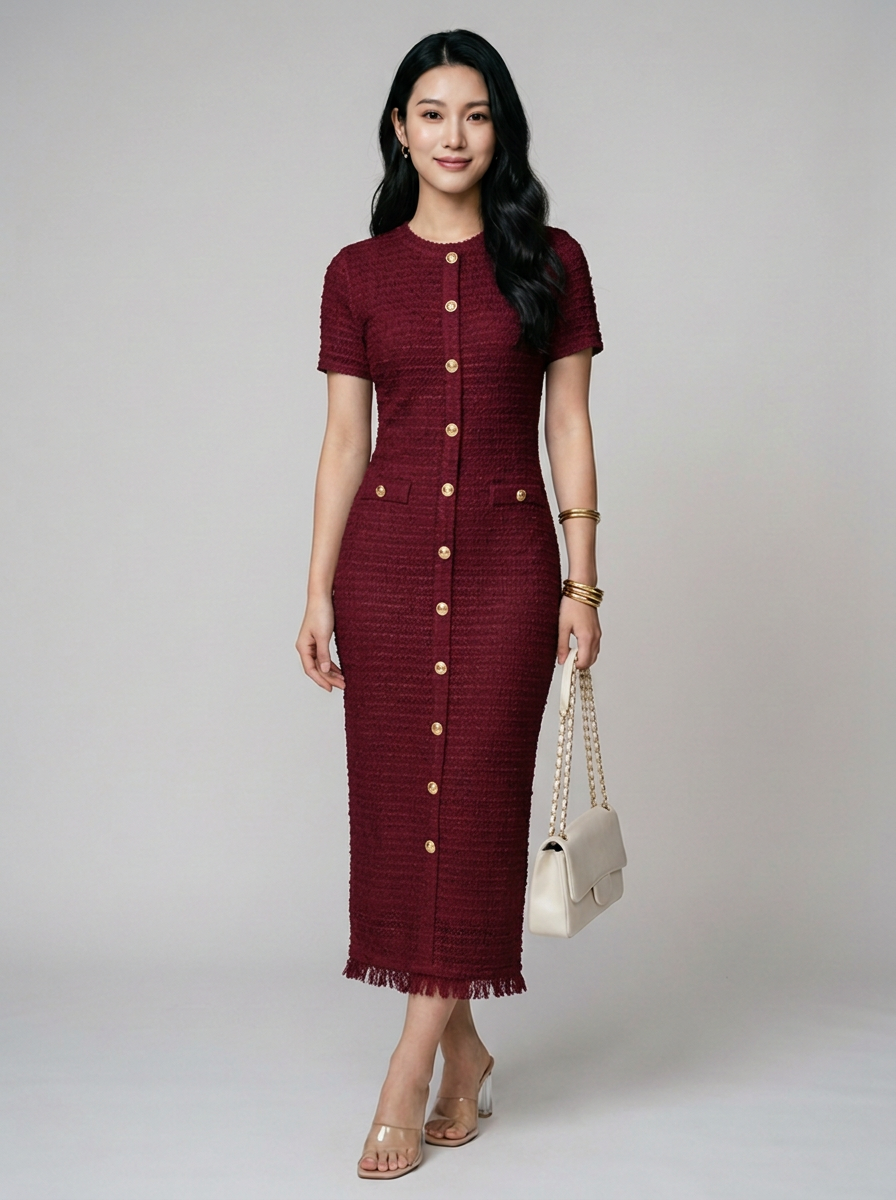 ALYA crew neck midi dress in claret
