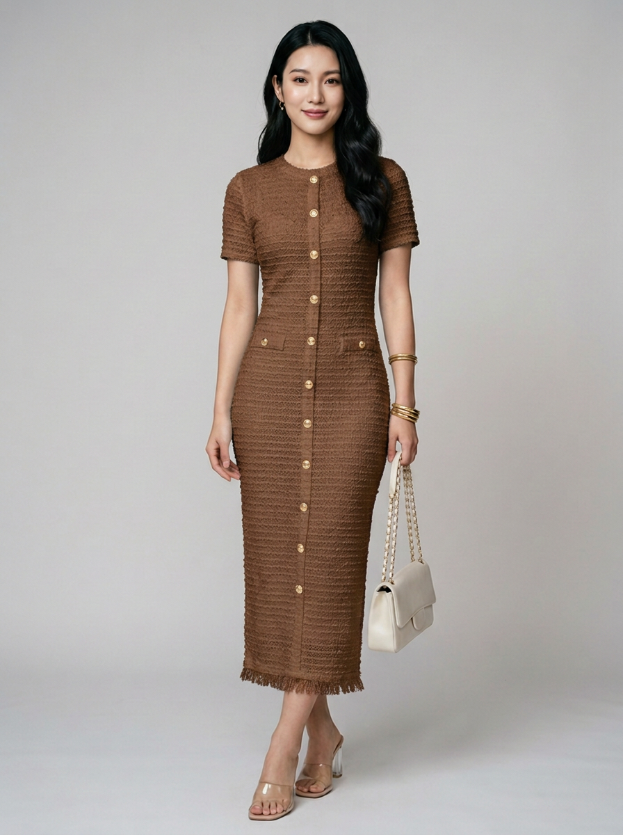 ALYA crew neck midi dress in brown