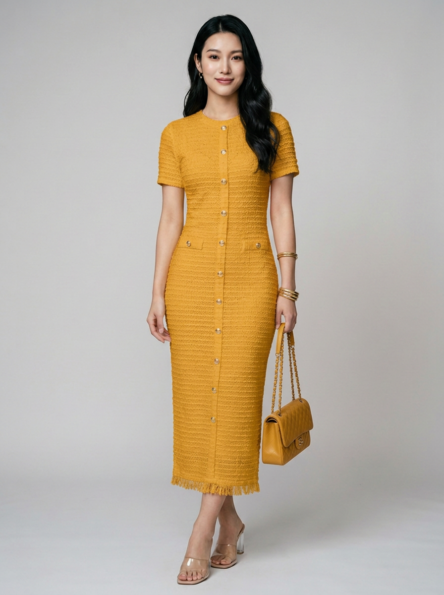 ALYA crew neck midi dress in turmeric yellow