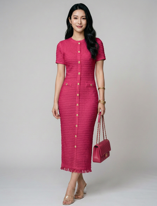 ALYA crew neck midi dress in rose red