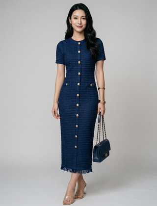 ALYA crew neck midi dress in navy blue