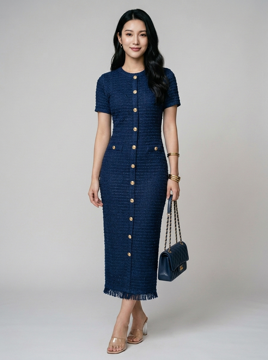 ALYA crew neck midi dress in navy blue