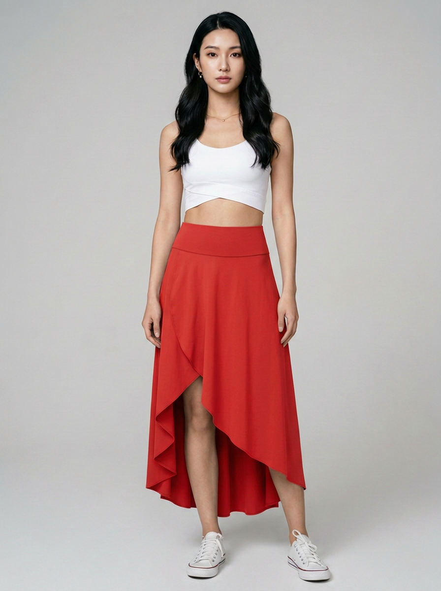 AMELIE - Elegant Asymmetric Midi Skirt in Flaming Red