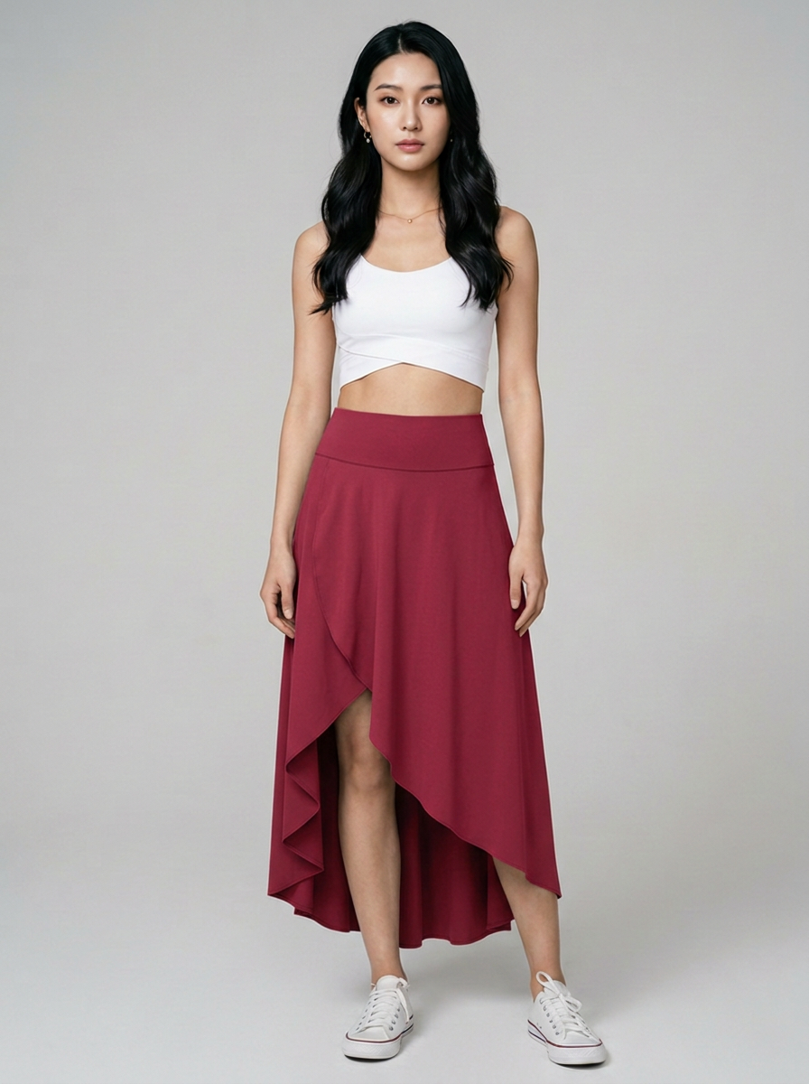 AMELIE - Elegant Asymmetric Midi Skirt in Deep Crimson