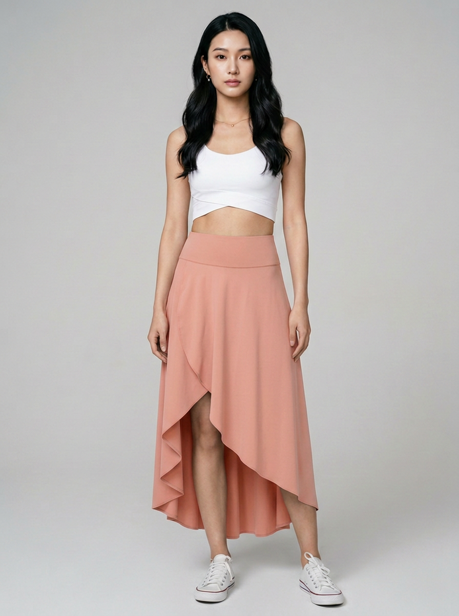 AMELIE - Elegant Asymmetric Midi Skirt in Peach Melba