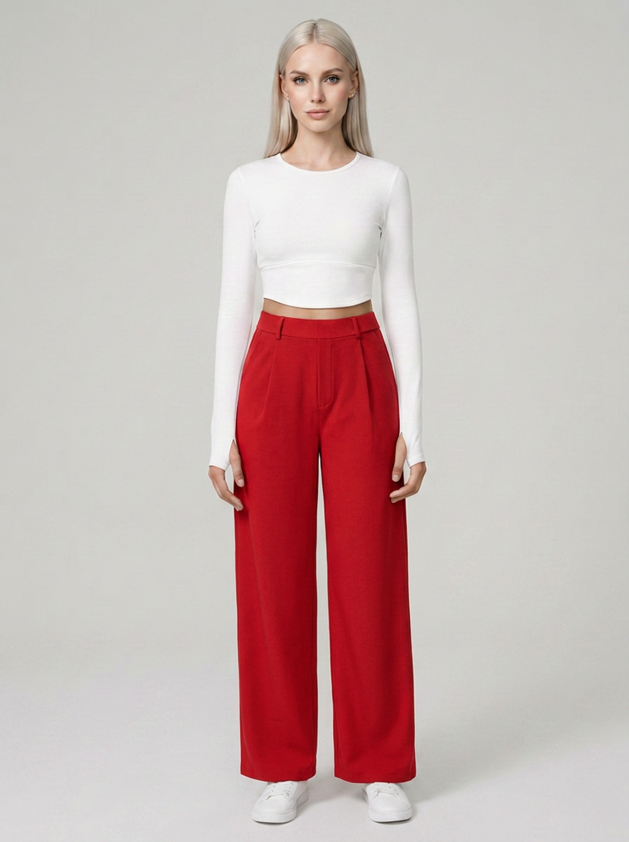 Red CHARMIE high-waist straight-leg pants