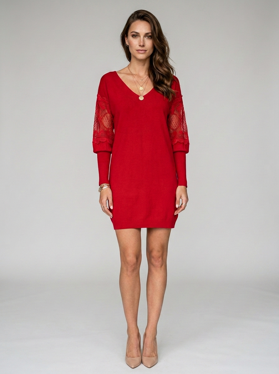 KATIA lace-sleeved dress in red