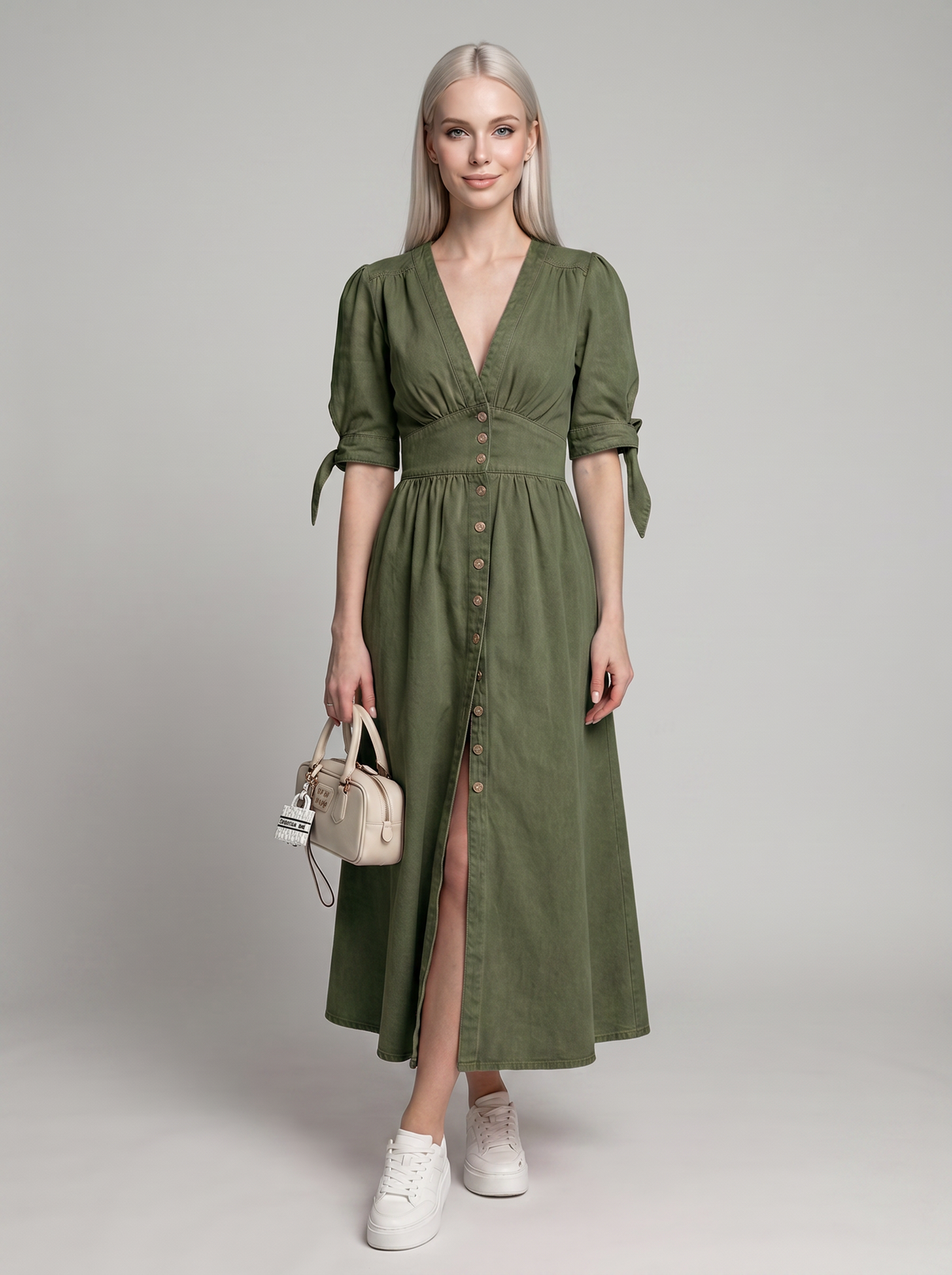 MELY V-neck denim dress in army green