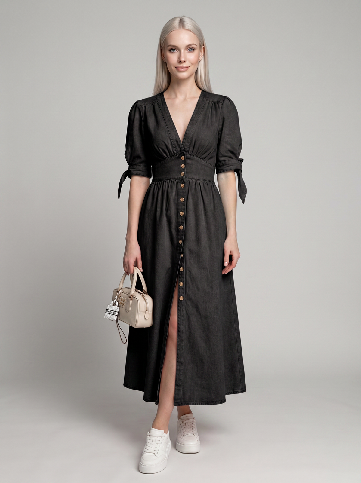 MELY V-neck denim dress in black