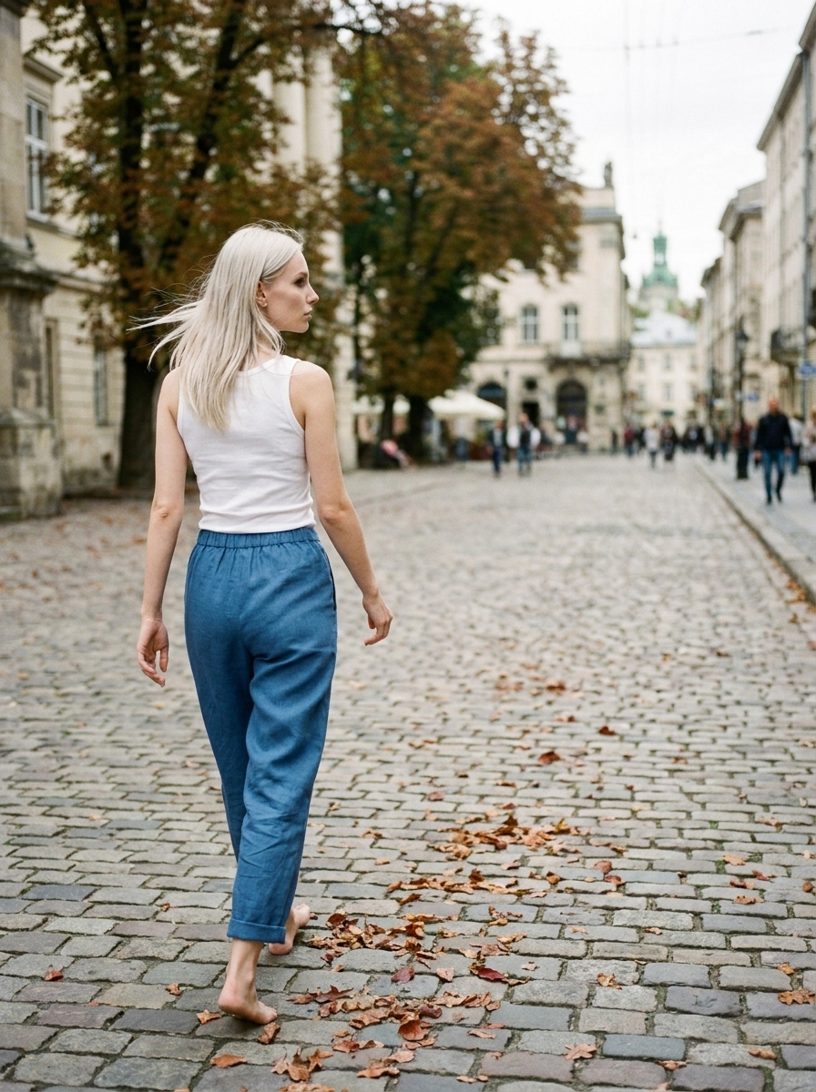 ROMINA Timeless Linen-Cotton Trousers - Lifestyle - Autumn Street (Blue)