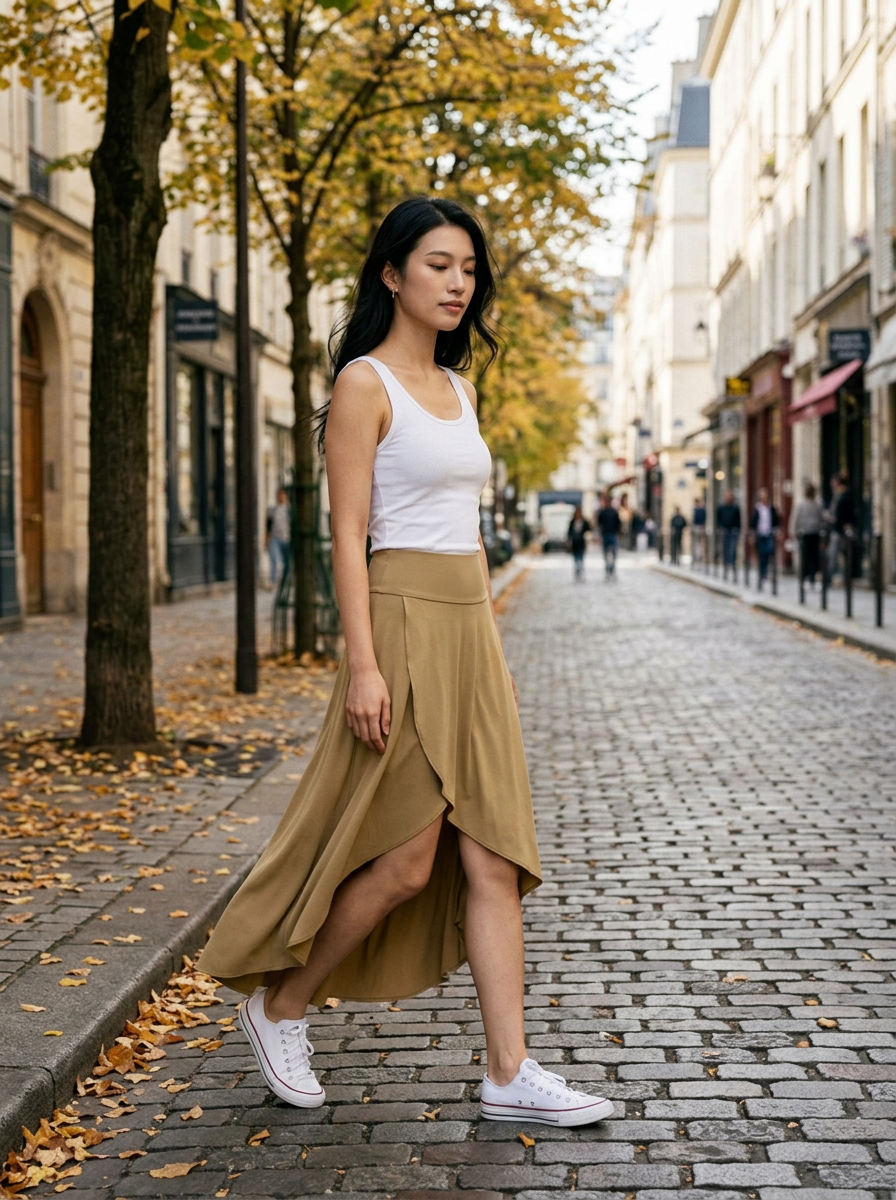 AMELIE - Elegant Asymmetric Midi Skirt - Lifestyle - Autumn Street (Autumn Amber Brown)