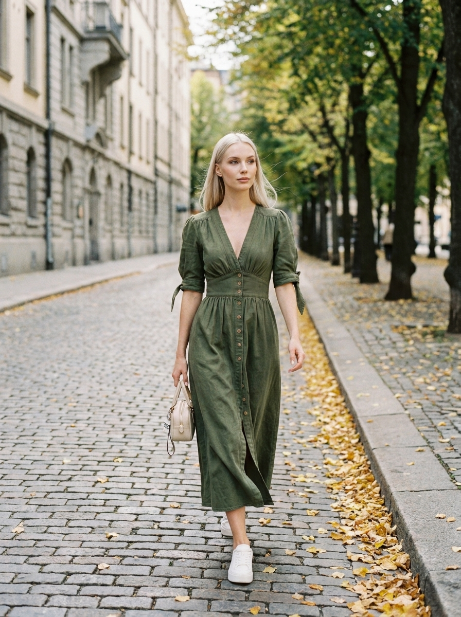MELY - Elegant V-Neck Midi Dress - Lifestyle - Autumn Street (Army Green)