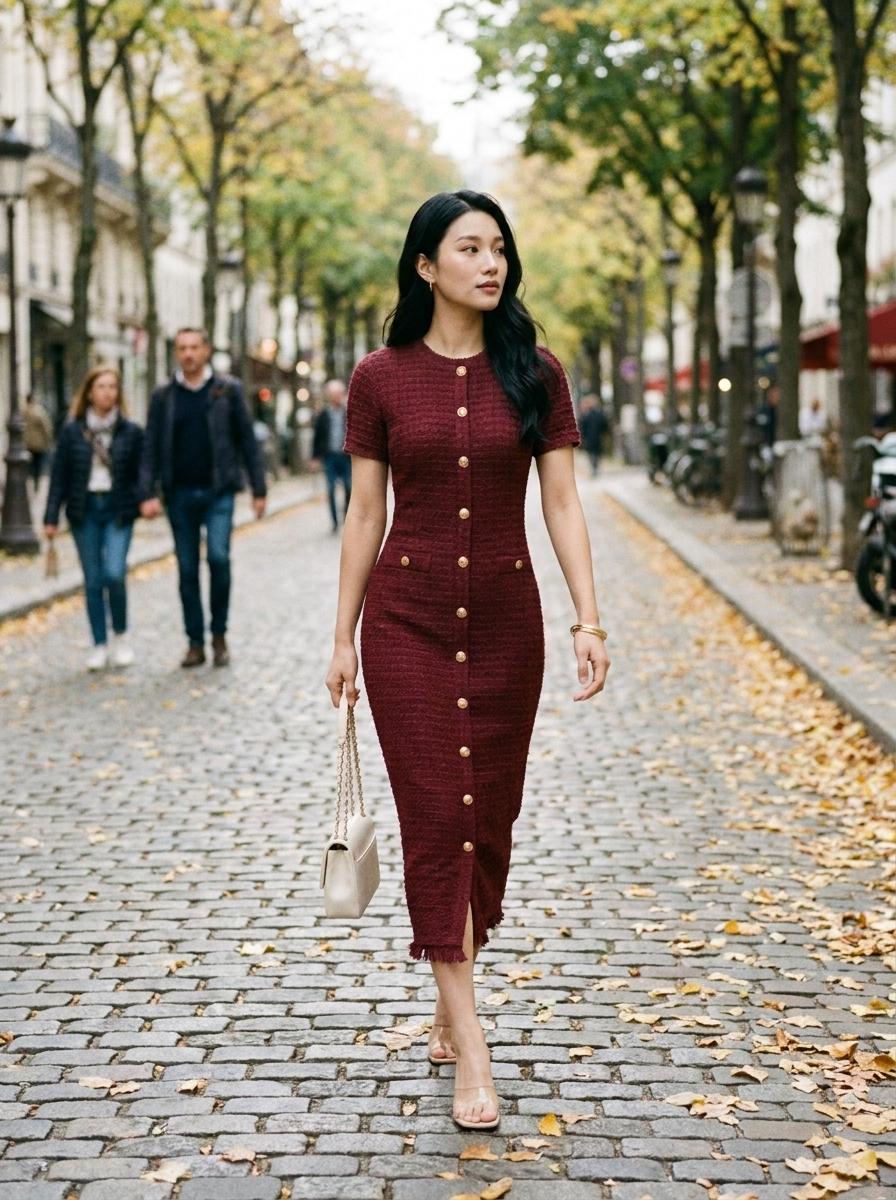 ALYA - Elegant Crew Neck Formal Midi Dress - Lifestyle - Autumn Street (Claret)