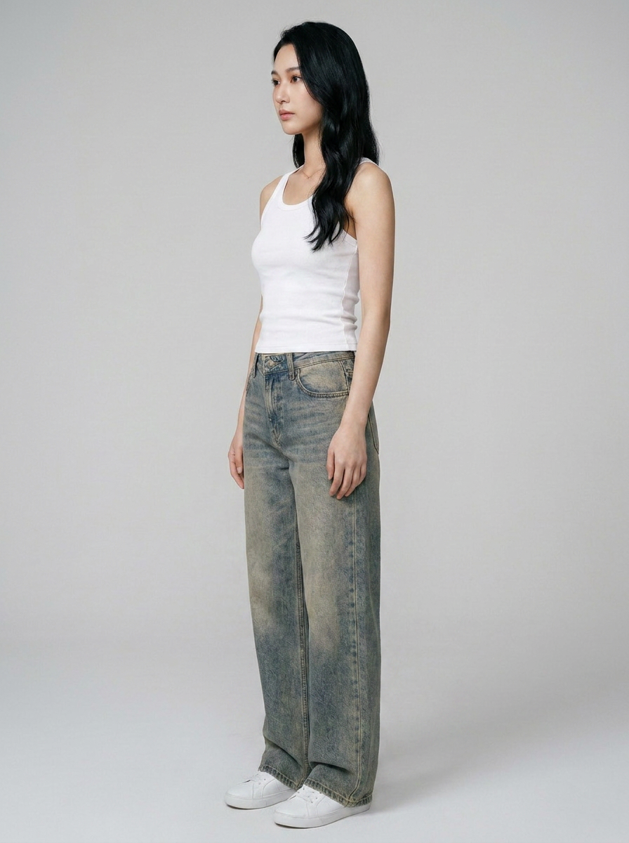 SYLVAINE Vintage Casual Baggy Jeans in Sand Wash Blue