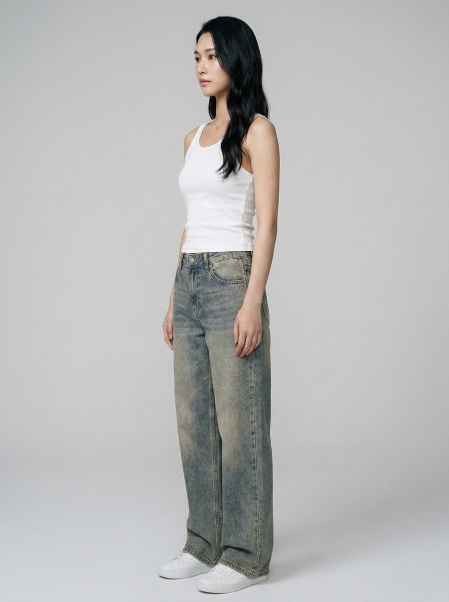 SYLVAINE Vintage Casual Baggy Jeans in Washed Blue