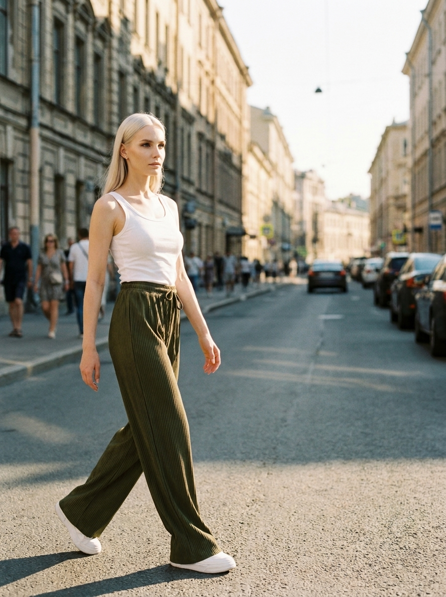 ZABBY - Casual Wide Leg Comfy Everyday Pants - Army Green - Lifestyle photo