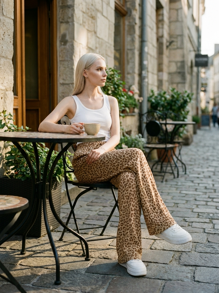 ZABBY - Casual Wide Leg Comfy Everyday Pants - Light Brown Leopard - Lifestyle photo
