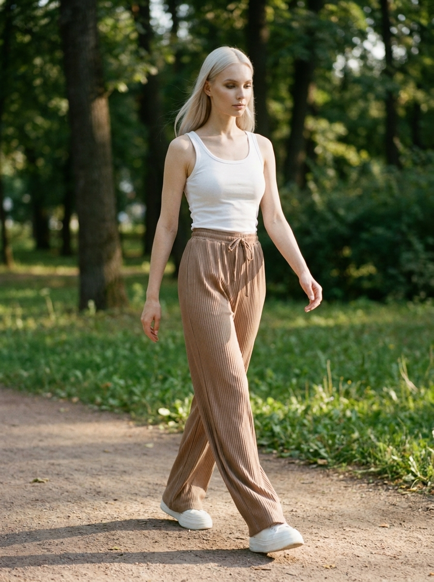 ZABBY - Casual Wide Leg Comfy Everyday Pants - Light Brown - Lifestyle photo