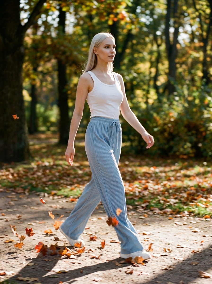 ZABBY - Casual Wide Leg Comfy Everyday Pants - Light Blue - Lifestyle photo
