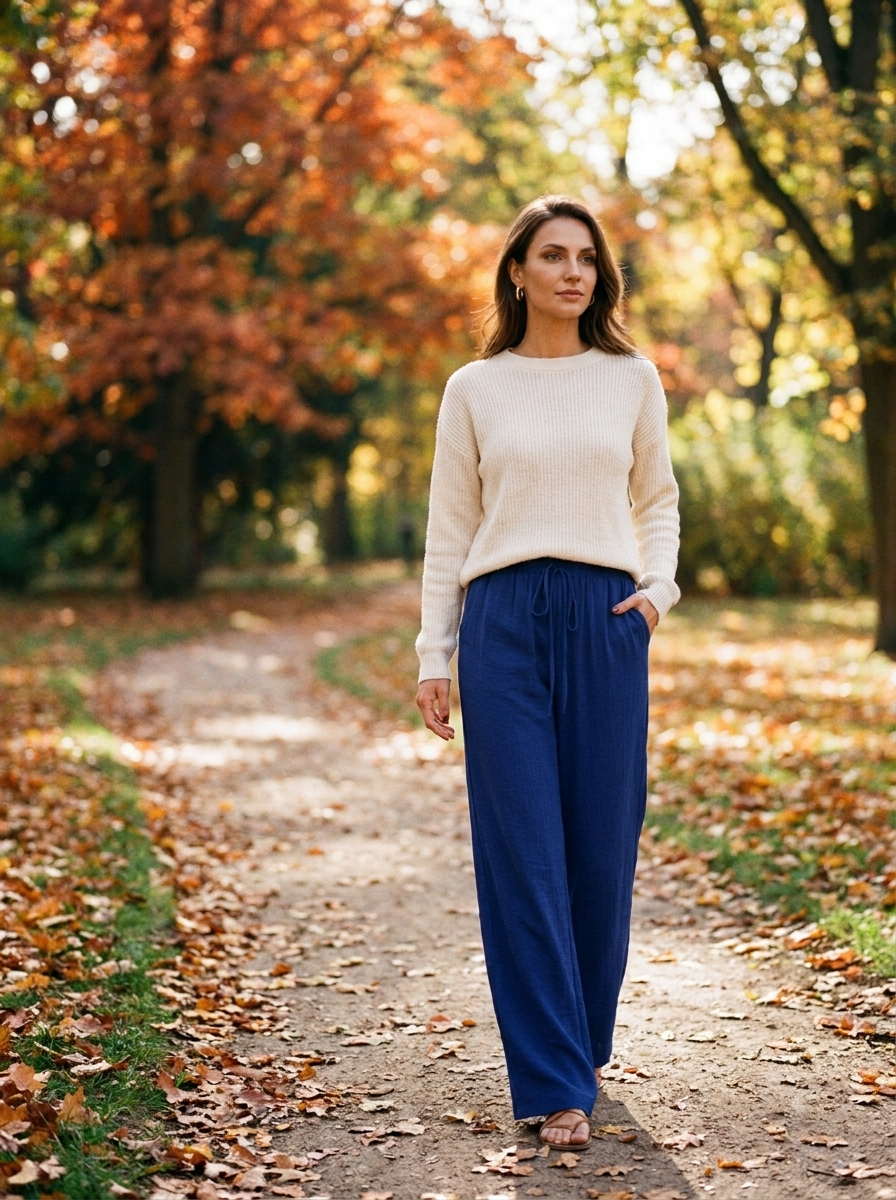 NIKU - Casual Wide Leg Drawstring Pants - Navy Blue - Lifestyle photo