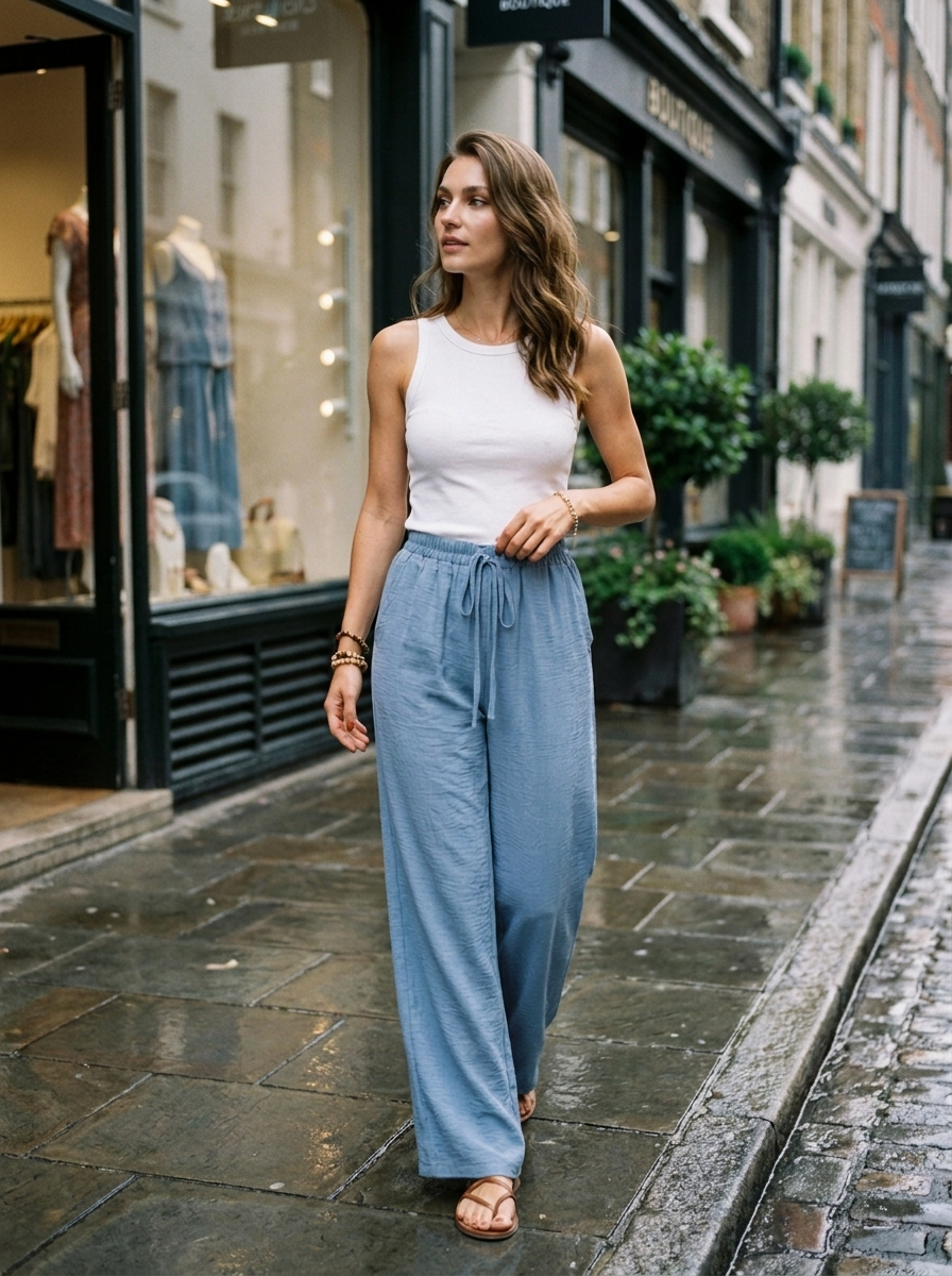 NIKU - Casual Wide Leg Drawstring Pants - Light Blue - Lifestyle photo