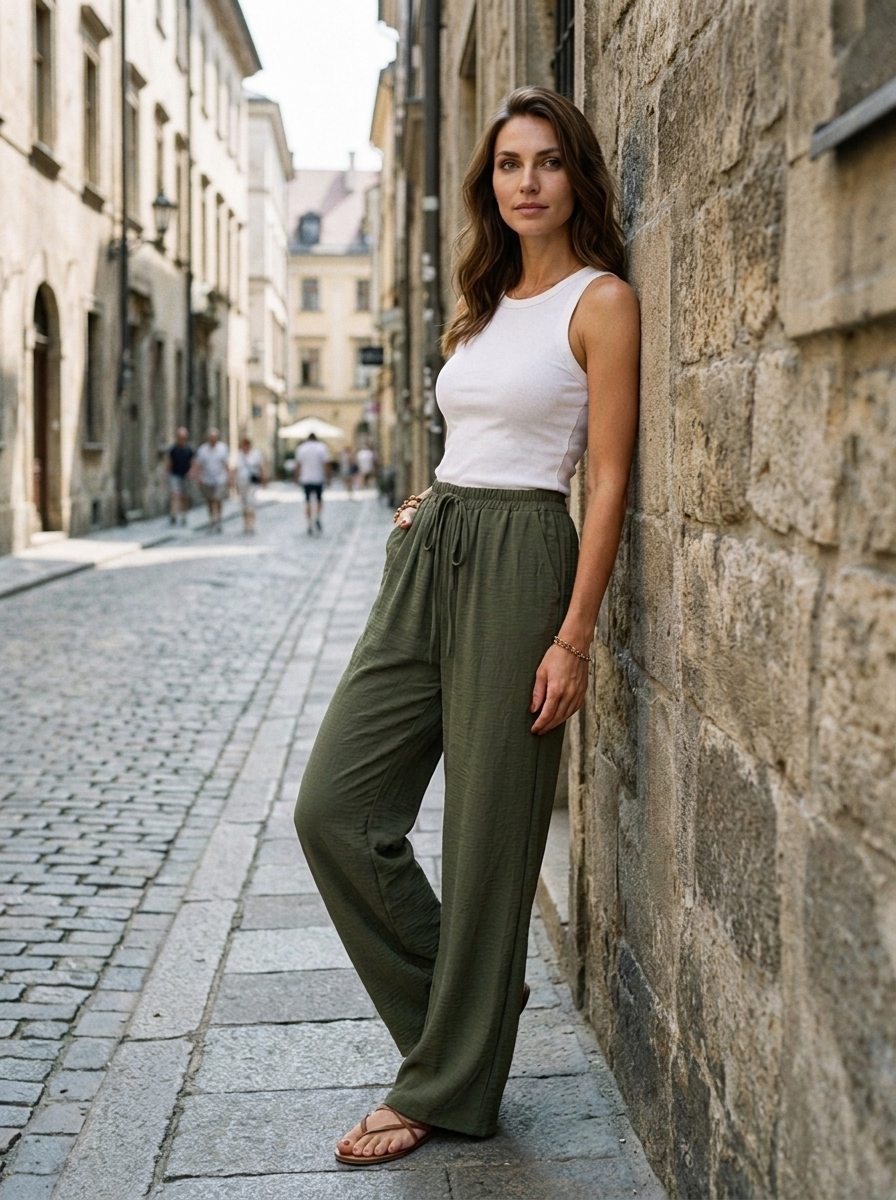 NIKU - Casual Wide Leg Drawstring Pants - Army Green - Lifestyle photo