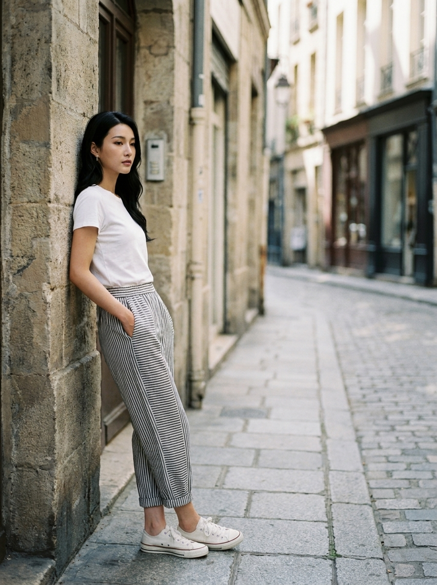 FLORIANE - Relaxed Boho Stripe Pants - Grey - Lifestyle photo